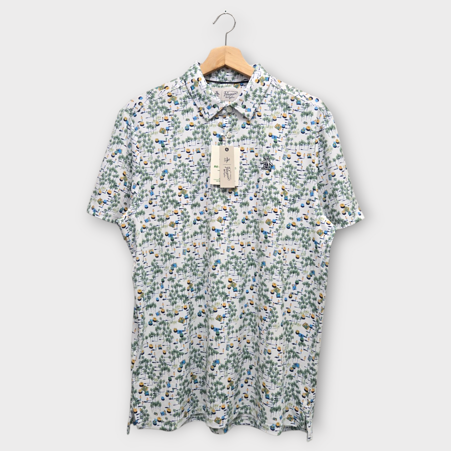 Original Penguin Golf Men's Polo Shirt Beach Club Print (White/Navy) - Medium