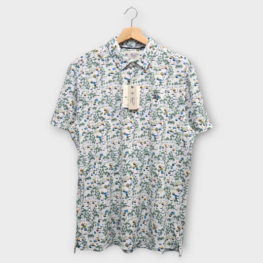 Original Penguin Golf Men's Polo Shirt Beach Club Print (White/Navy) - Medium