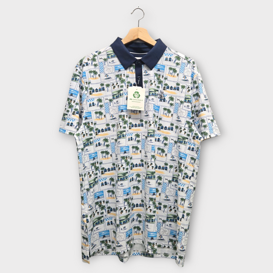 Original Penguin Golf Men's Polo Shirt Beach Club Print (White/Navy) - Large